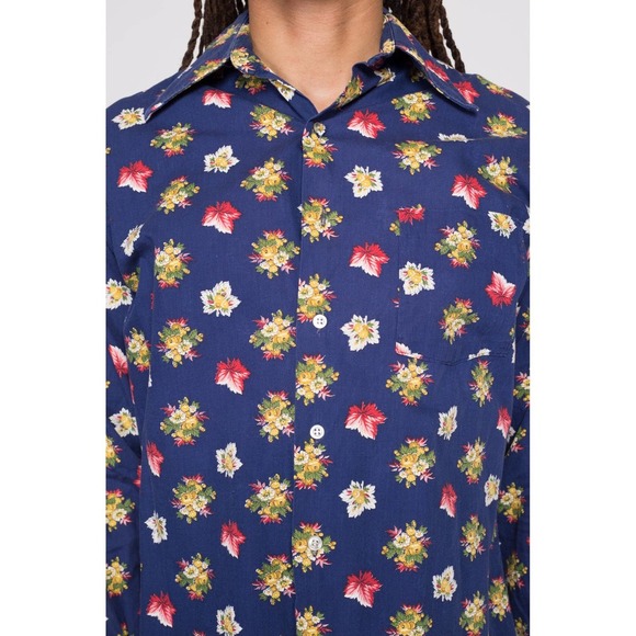 70s Blue Floral & Leaf Print Collared Shirt - Men's Medium | Retro Disco Top - Picture 6 of 8